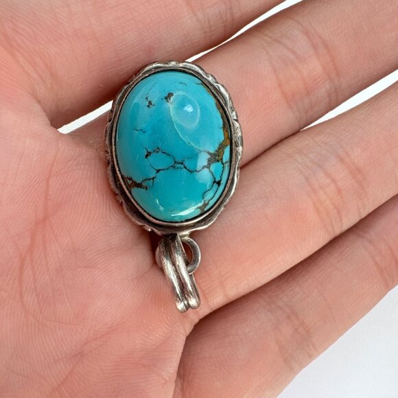 VTG Sterling Silver 925 Turquoise Bezel Set Cabochon Pendant Size 1.5" Length - Picture 2 of 9